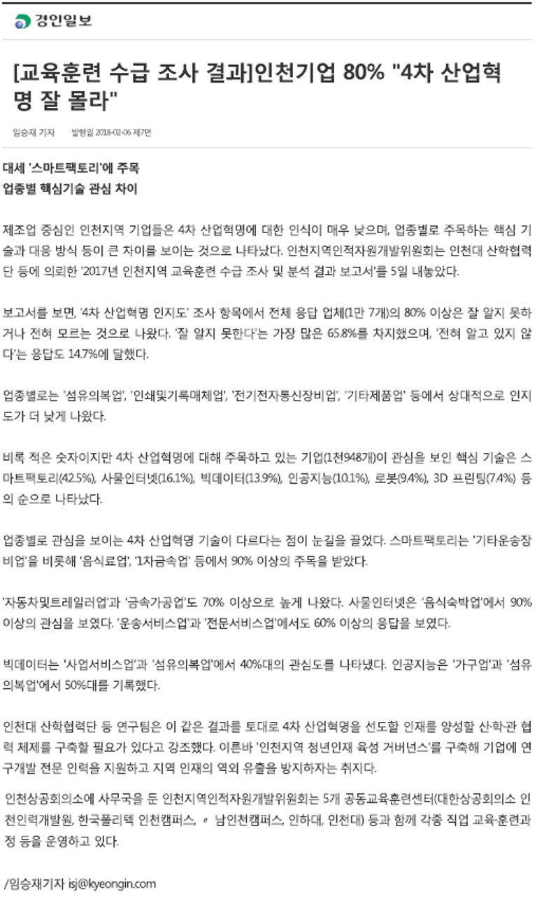 180206 (경인일보) 교육훈련 수급 조사 결과-인천기업 80% 4차 산업혁명 잘 몰라의 1번째 이미지